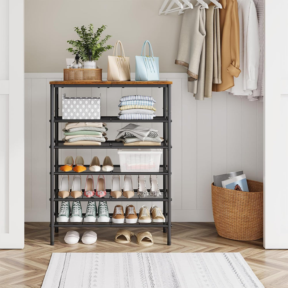 Tajsoon 6 Tier Shoe Rack for 20-24 Pairs of Shoes, Rustic Brown & Black