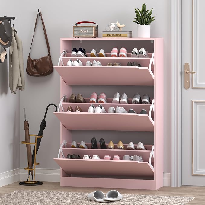 Shoe Cabinet with 3 Flip Drawers, Hidden Wood Shoe Cabinet, Freestanding Shoe