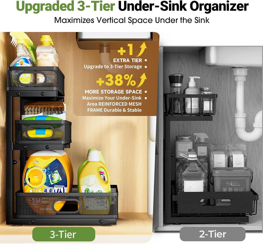 Under Sink Organizer 3 Tier, 2 Pack L-Shaped Pull-Out Cabinet Organizer with ...
