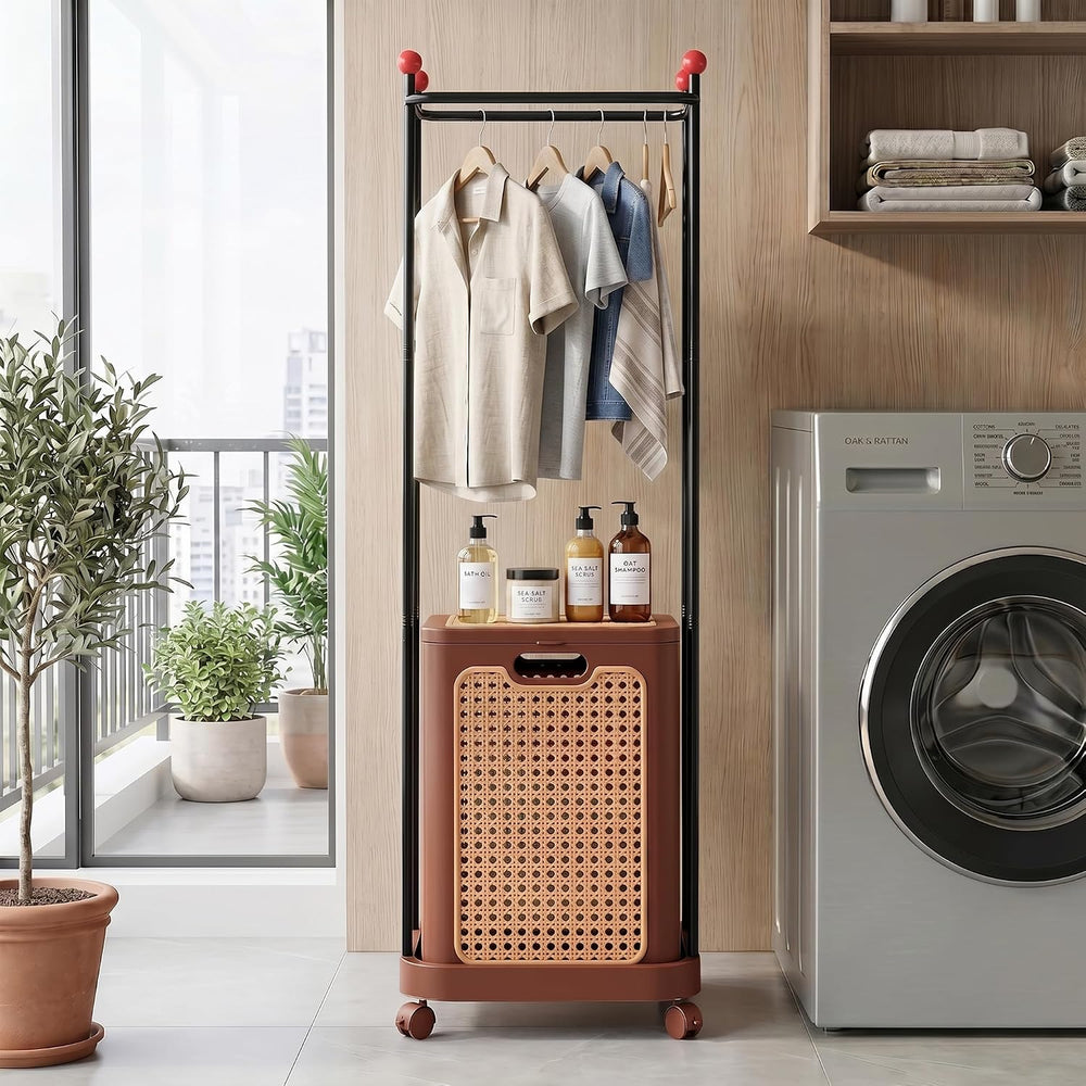 VECELO Laundry Hamper with Clothes Rack, Rolling Laundry Basket with Lid and ...