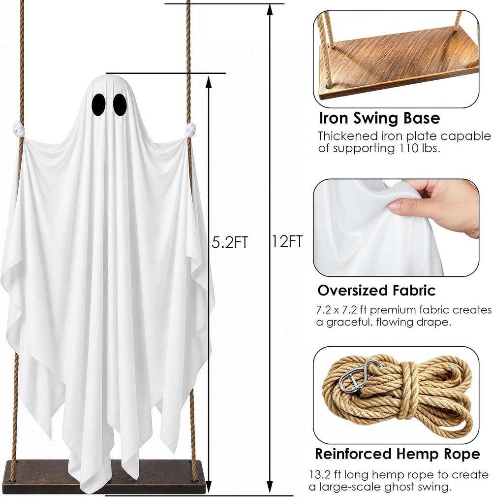 Hanging Ghost Halloween Decorations Outdoor, 7-12 FT Light Up Ghost Swing
