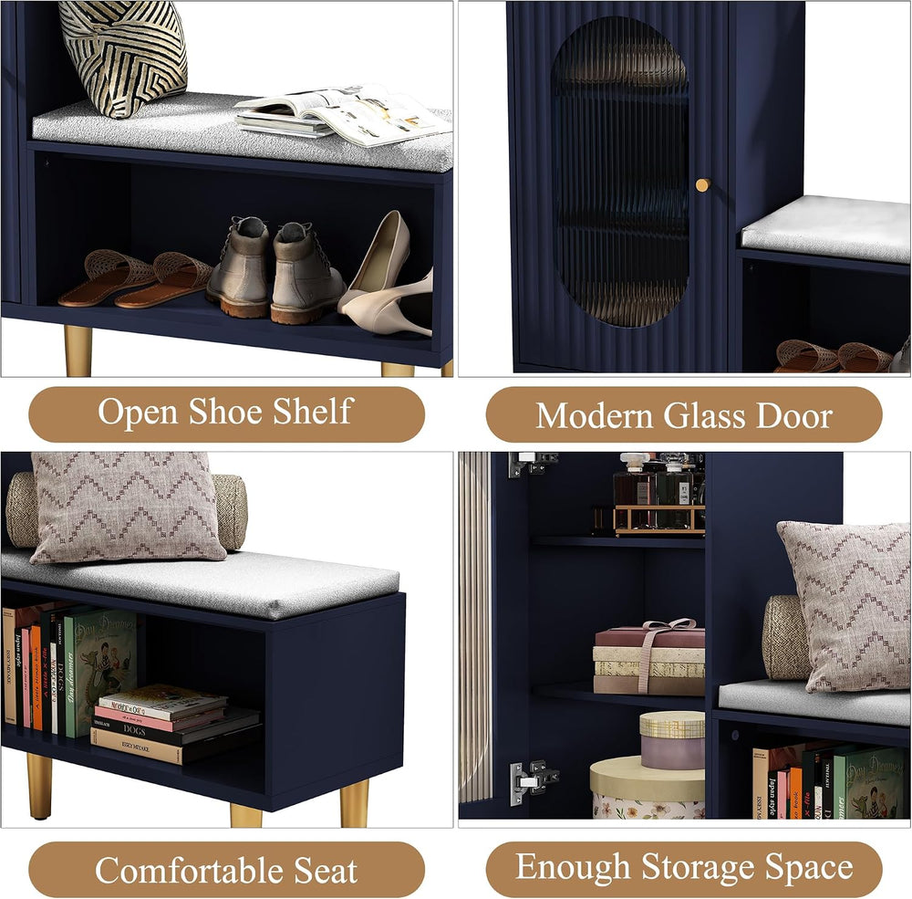 HLR Shoe Storage Bench with Glass Door&Shelf, L-Shaped Shoe Cabinet, Blue