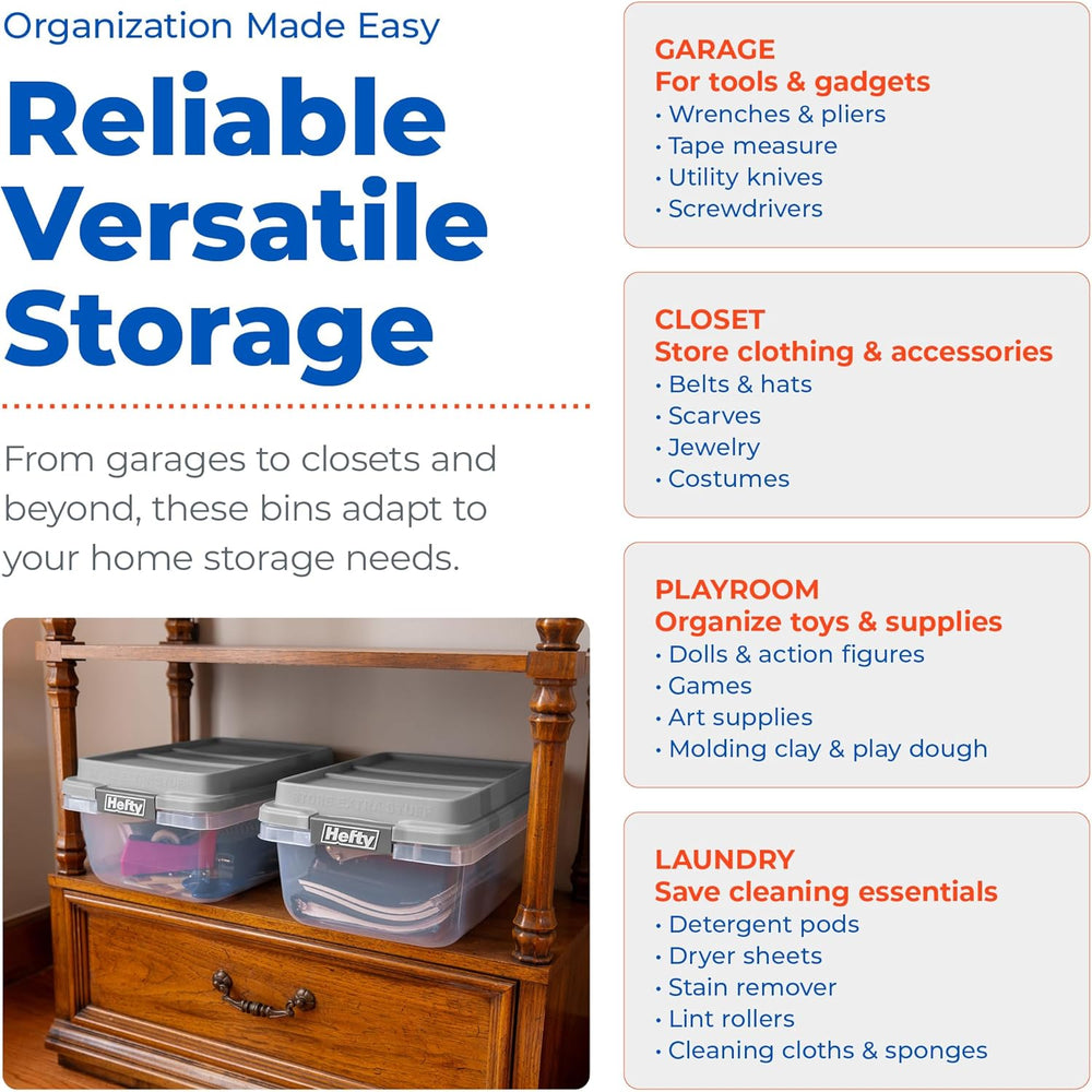 Hefty 18 Qt Hi-Rise Storage Bin with Lid, Stackable Plastic Storage Container...