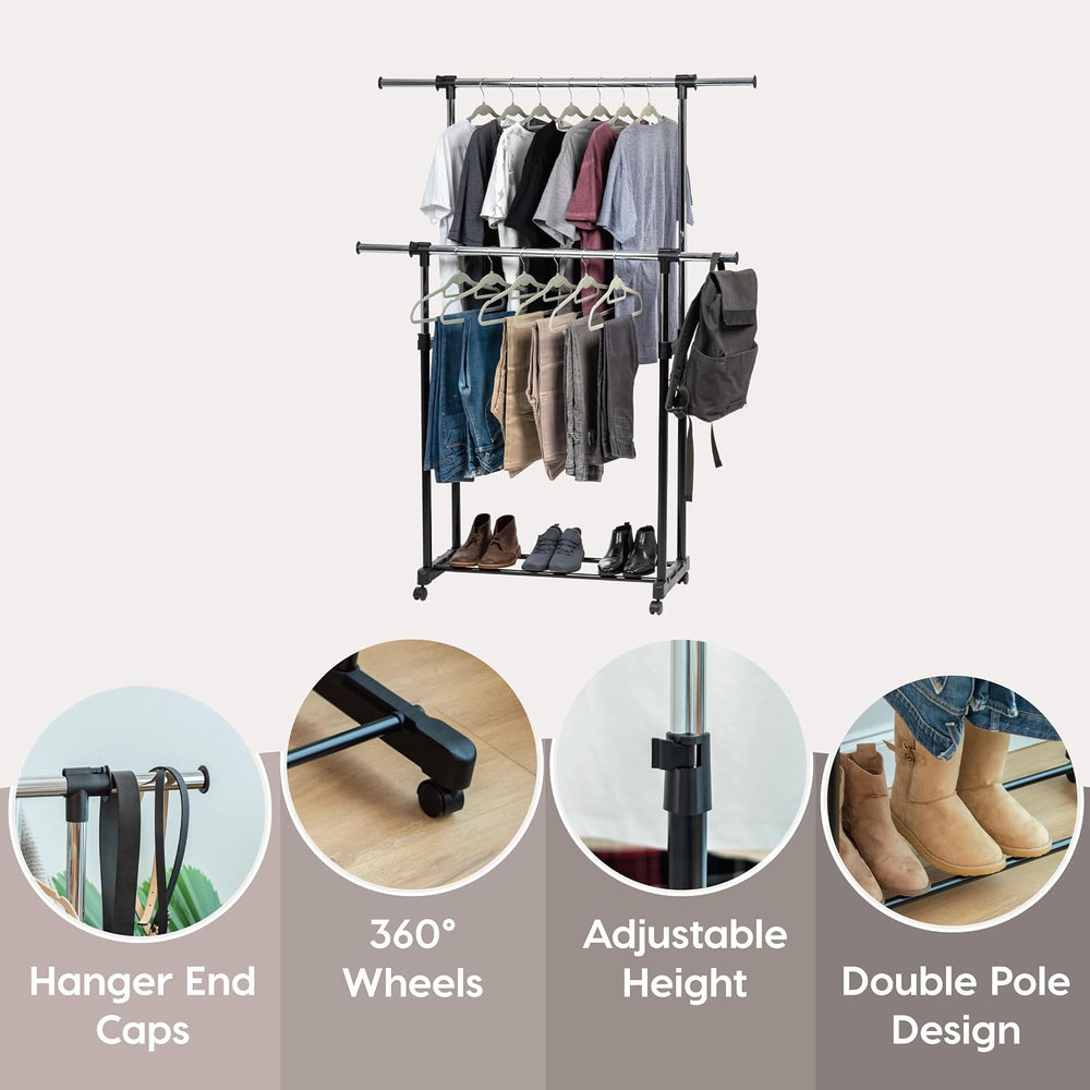 IRIS USA Portable Double-Rod Height Adjustable Clothes Rack with Extendable B...