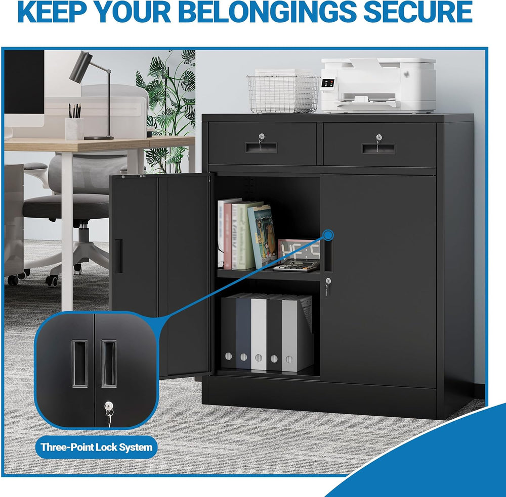 Metal Storage Cabinet, 36" Locking Cabinet with 2 Drawers & Shelves