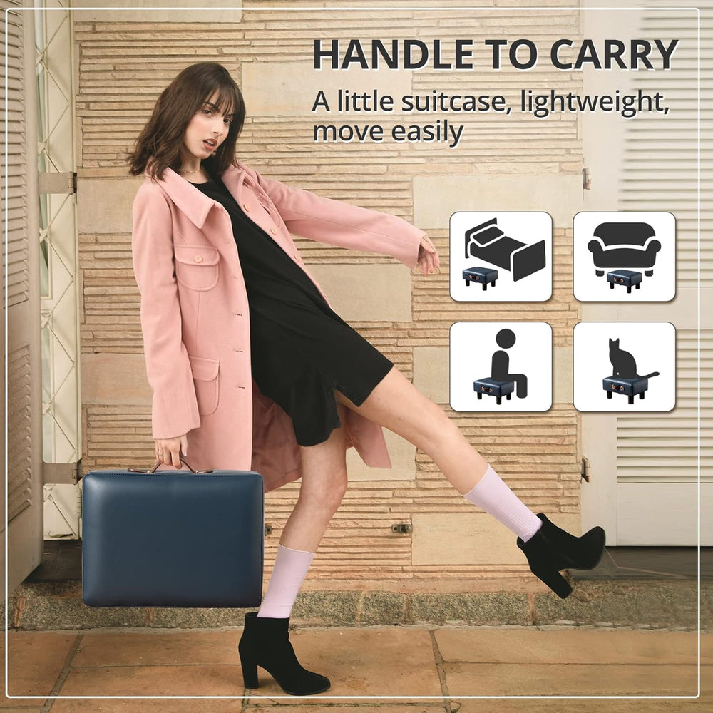 Small Foot Stool with Handle, Blue PU Leather Short Foot Stool Rest, Rectangl...