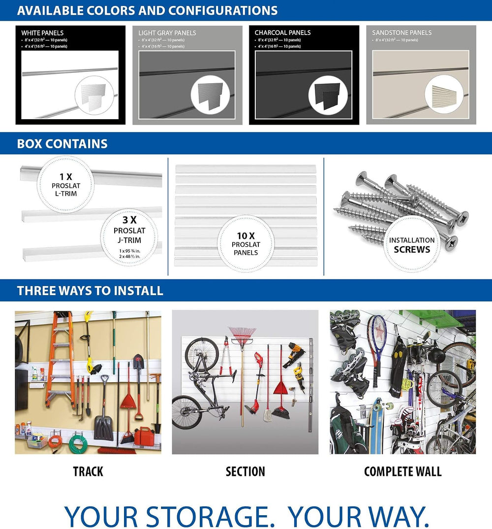 PROSLAT Garage Storage PVC Slatwall Panels -3 Packs of 8 ft. x 4 ft. Sections...