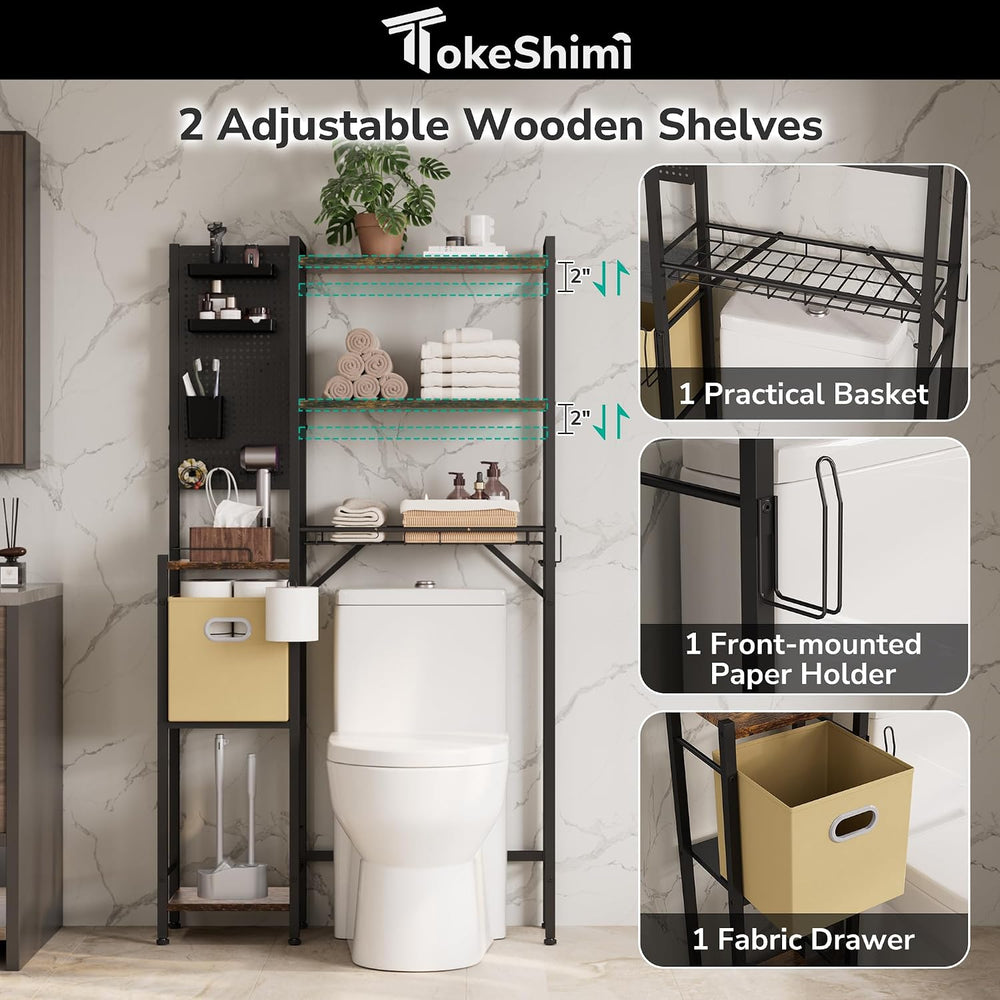 6-Tier Over the Toilet Storage Rack, Adjustable Wooden Shelf