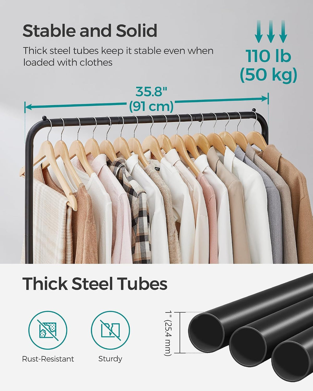SONGMICS Clothes Rack with Wheels, Metal Garment Rack, Mesh Storage Shelf