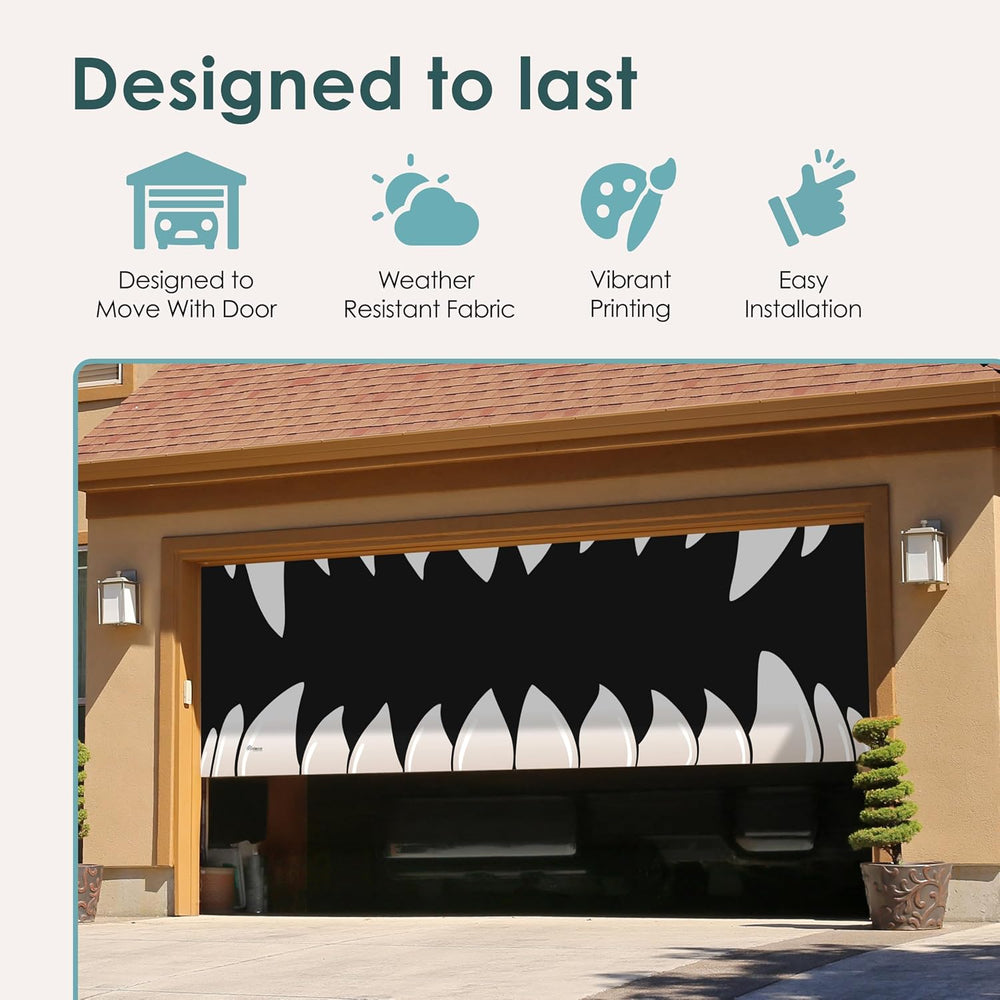 Premium 7' x 16' - Scary Teeth - Halloween Double Garage Door Banner