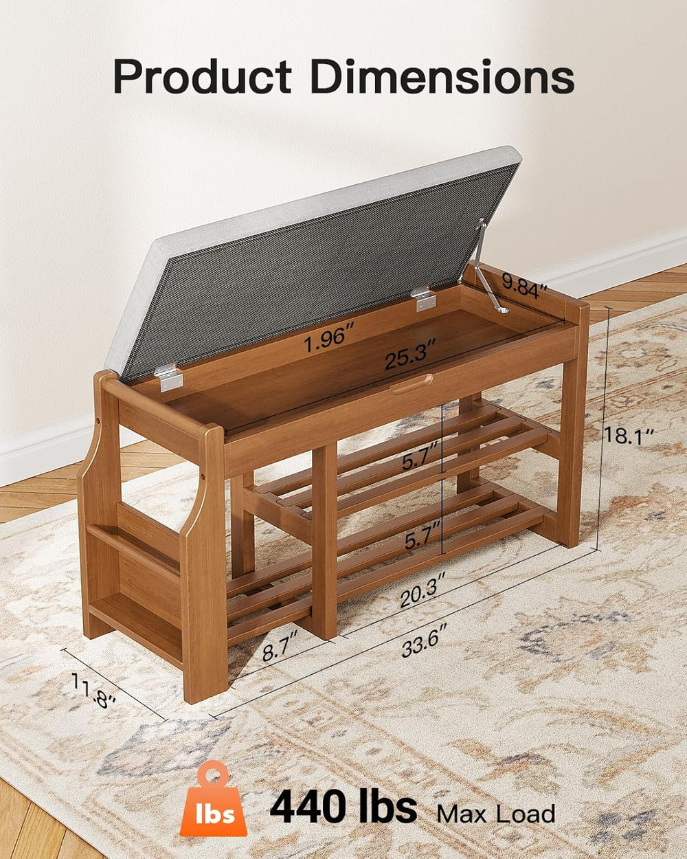 Pipishell 34" Pine Wood Shoe Bench Entryway with Soft Cushion and Storage