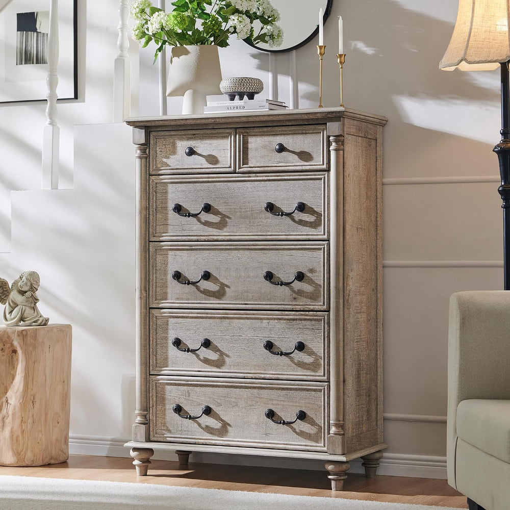 T4TREAM Farmhouse 6-Drawer Dresser with Solid Wood Feet, Light Rustic Oak
