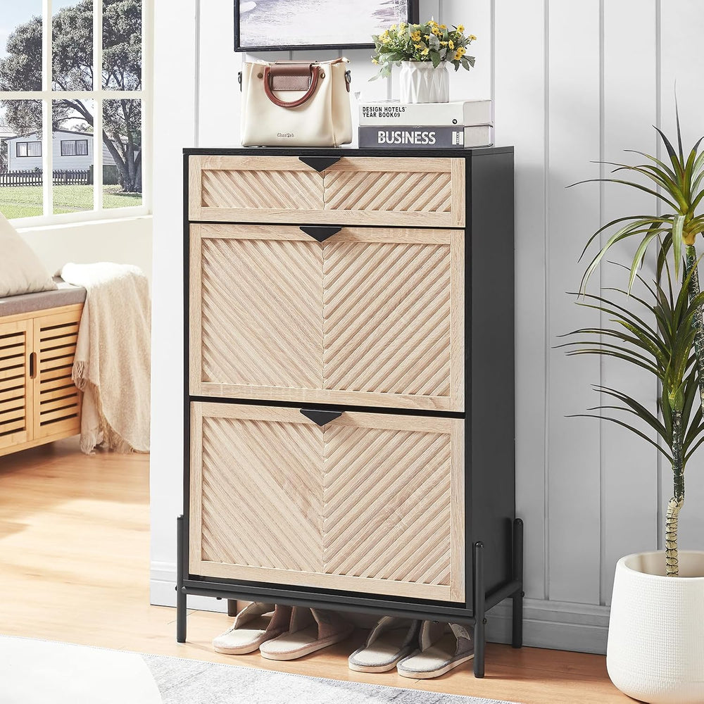 Shoe Cabinet with 2 Flip Drawers, Narrow Entryway Rack, Oak&Black