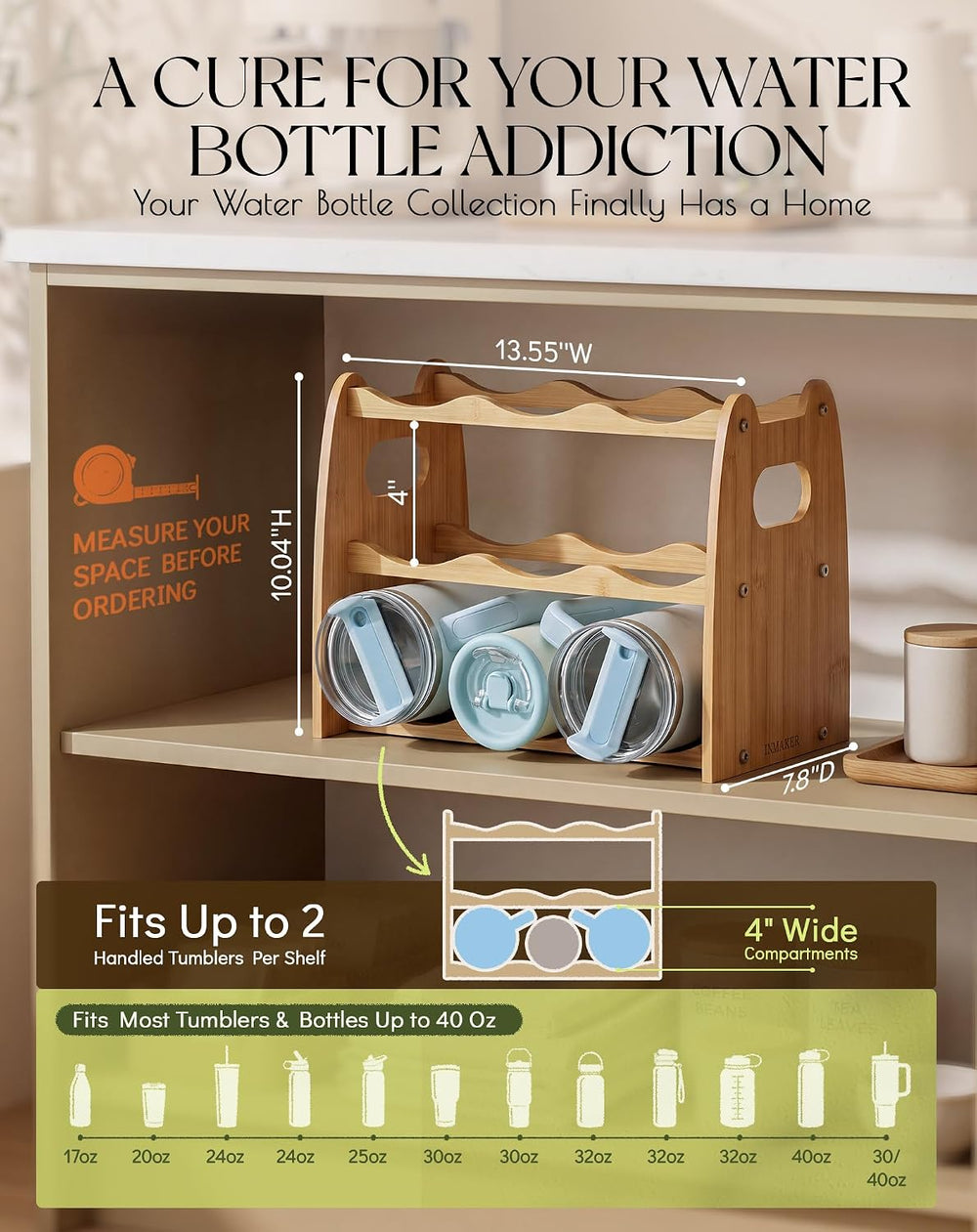Water Bottle Organizer for Cabinet, 4 Inch Slots for 40oz Tumblers