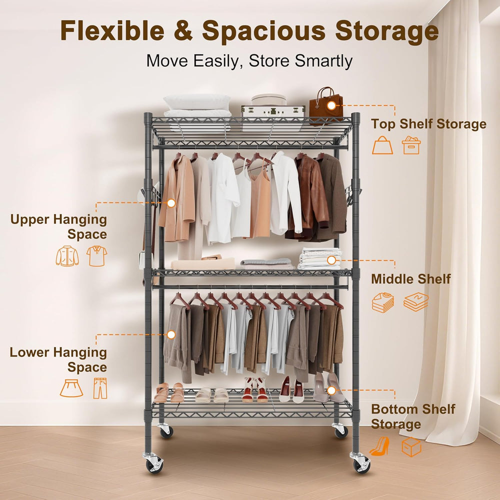 Whitmor 3 Tier Rolling Garment Rack, Heavy Duty Adjustable Metal Clothing Rac...