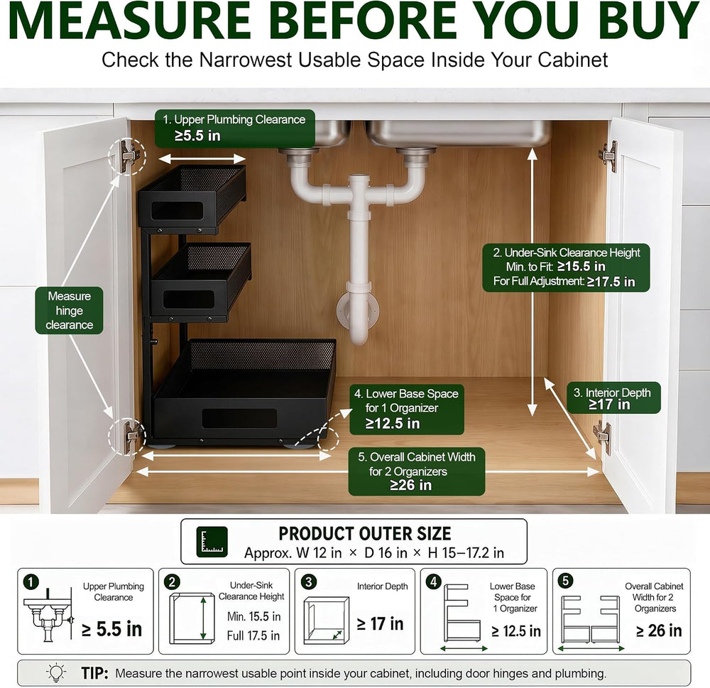 3 Tier Under Sink Organizer for Bathroom, Pull Out Drawers, 2 Pack
