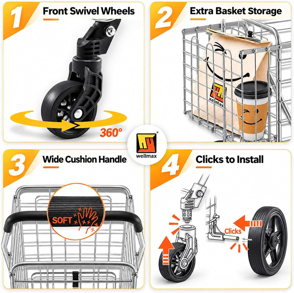 Wellmax Folding Shopping Cart for Seniors, Metal Grocery Cart, 66 lb Max