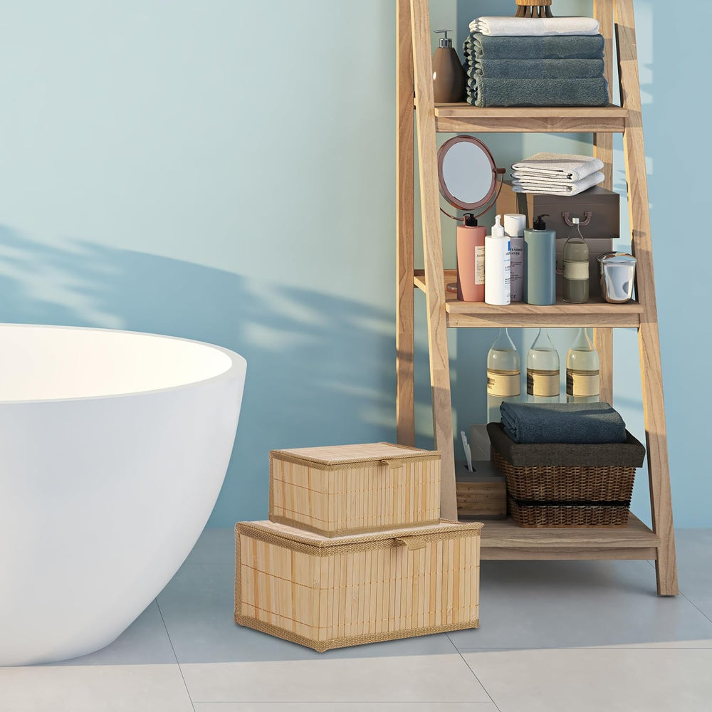 Relaxdays Storage Bin, Set of 2, Bamboo and Polyester, Practical Lid, for Bat...