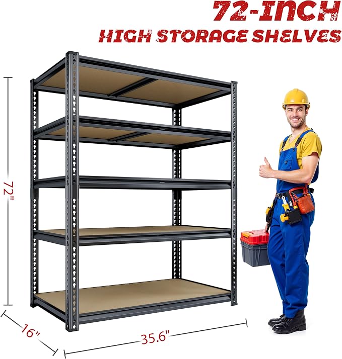 72"H Storage Shelves heavy duty, 2000LBS Garage Shelving, 5 Tier Metal S...