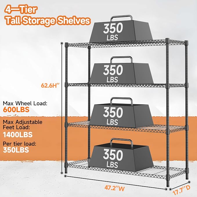 4 Tiers Storage Shelves Load 1400LBS, Metal Shelving Wire Metal Shelving Unit