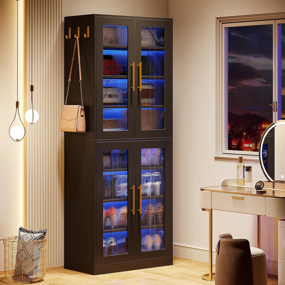 Tribesigns Black Shoe Storage Cabinet with Acrylic Doors and LED Lights, 8-Ti...