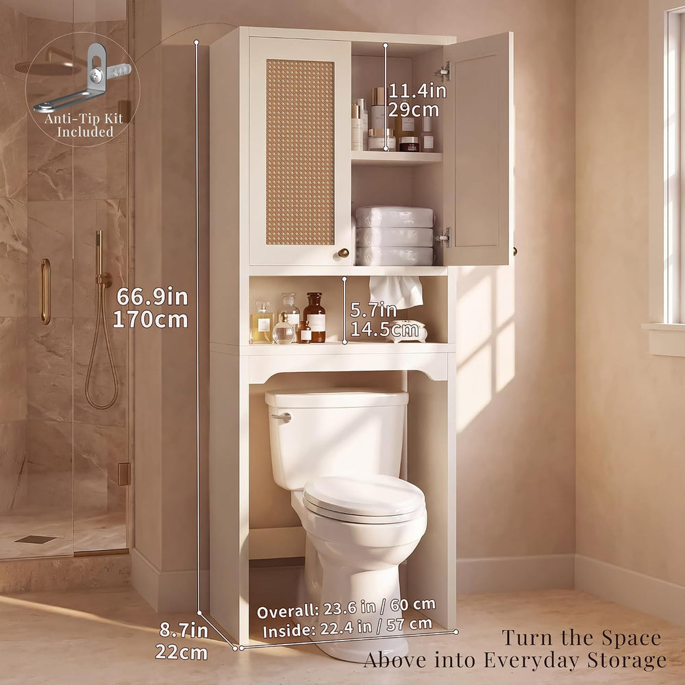 Over the Toilet Storage Cabinet with Rattan Door & Adjustable Shelf, White