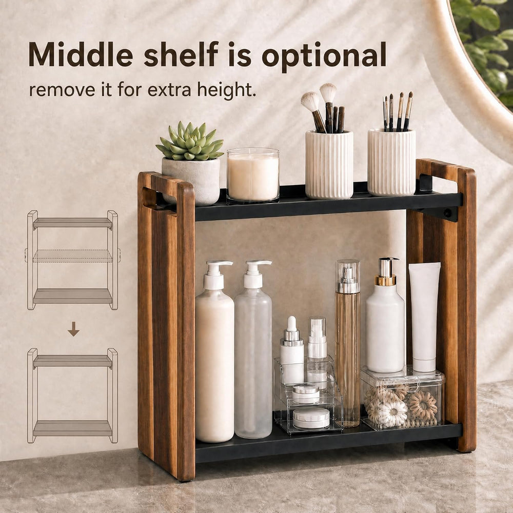 Narrow Solid Wood Bathroom Counter Organizer, Space-Saving Bathroom Storage R...