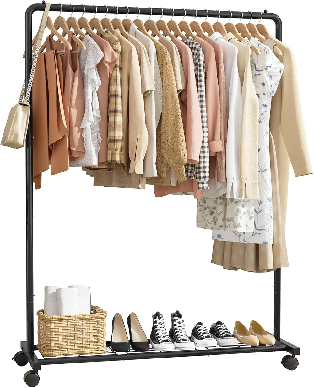 Sakugi Clothes Rack - Clothing Rack with Storage Mesh Shelf & Casters, He...
