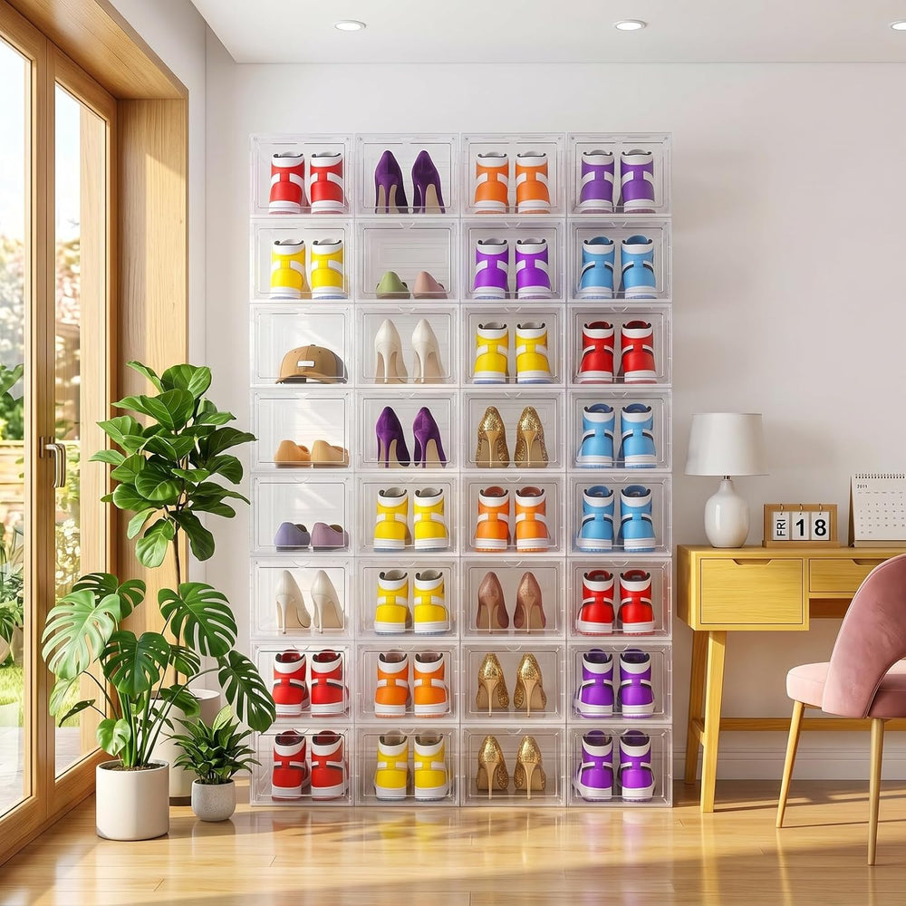 Large Clear Shoe Storage Boxes Stackable, 12 Pack Hard Plastic Shoe Storage O...