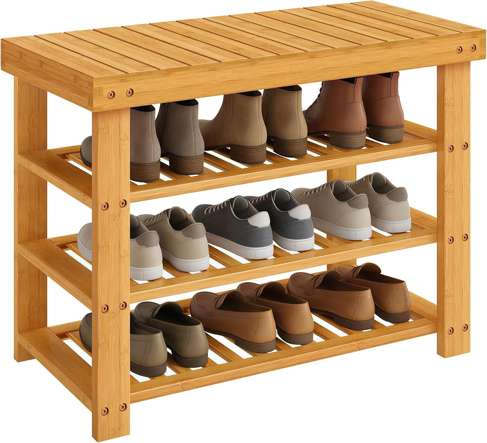 SONGMICS Shoe Rack Bench, 4 Tier Bamboo, 11.3 x 27.6 x 20.5 Inches