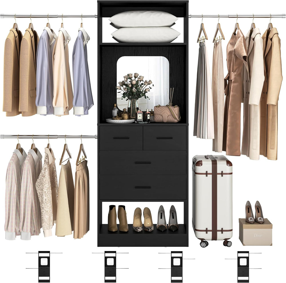 Unikito 8FT Closet System with Mirror and 3 Extendable Hanging Rods, Black