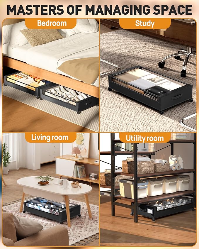 Under Bed Storage with Wheels, Square Under Bed Storage Containers, 4 Pack