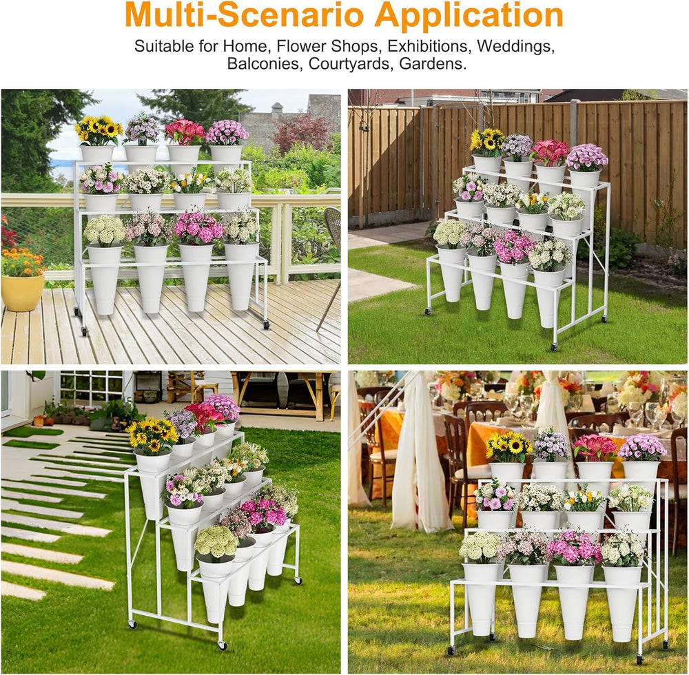 Flower Stand, 3-Tier Flower Display Stand with Buckets for Indoor Outdoor, Fl...