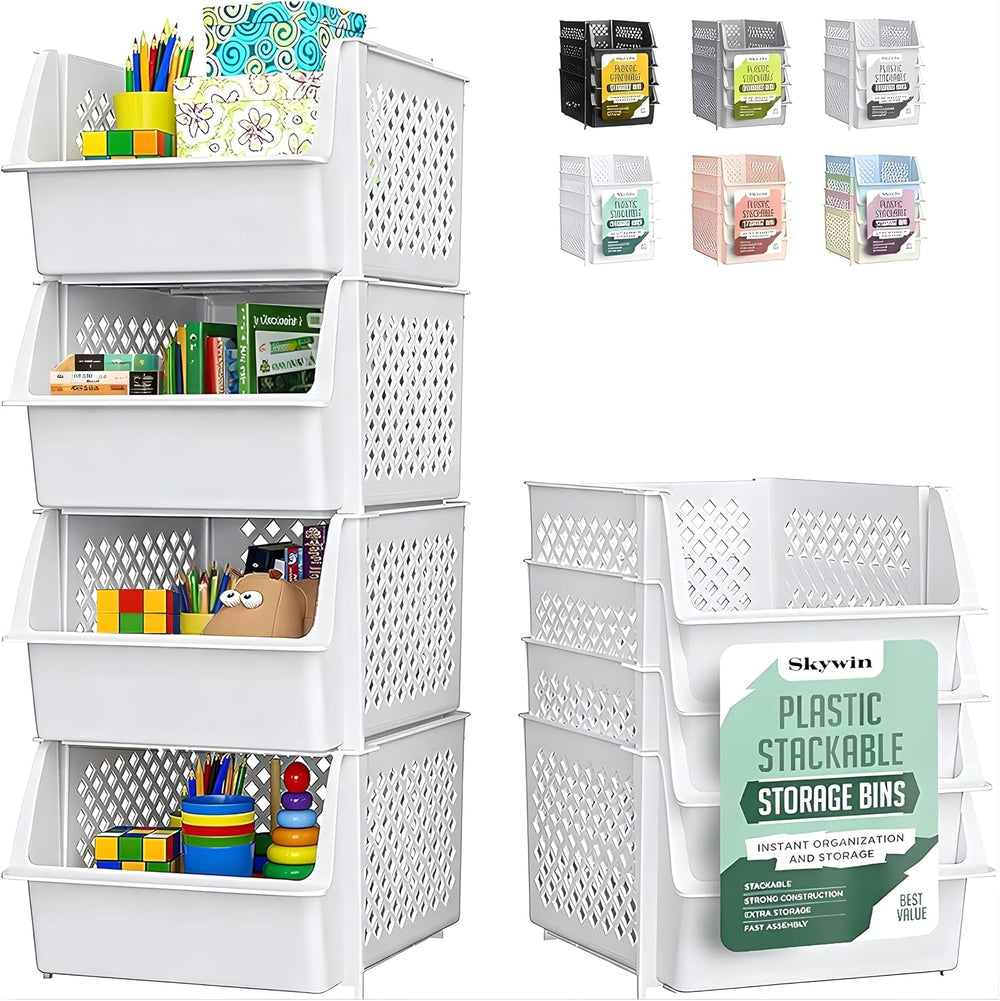 Skywin Stackable Storage Bins Open Front for Pantry Storage, 4 Pack - White