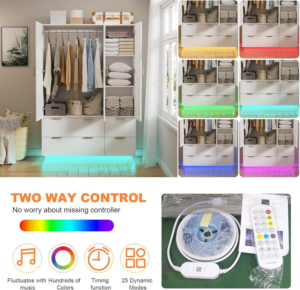 PAKASEPT Armoire Wardrobe Closet with 3 Door, Mirror, LED Lights