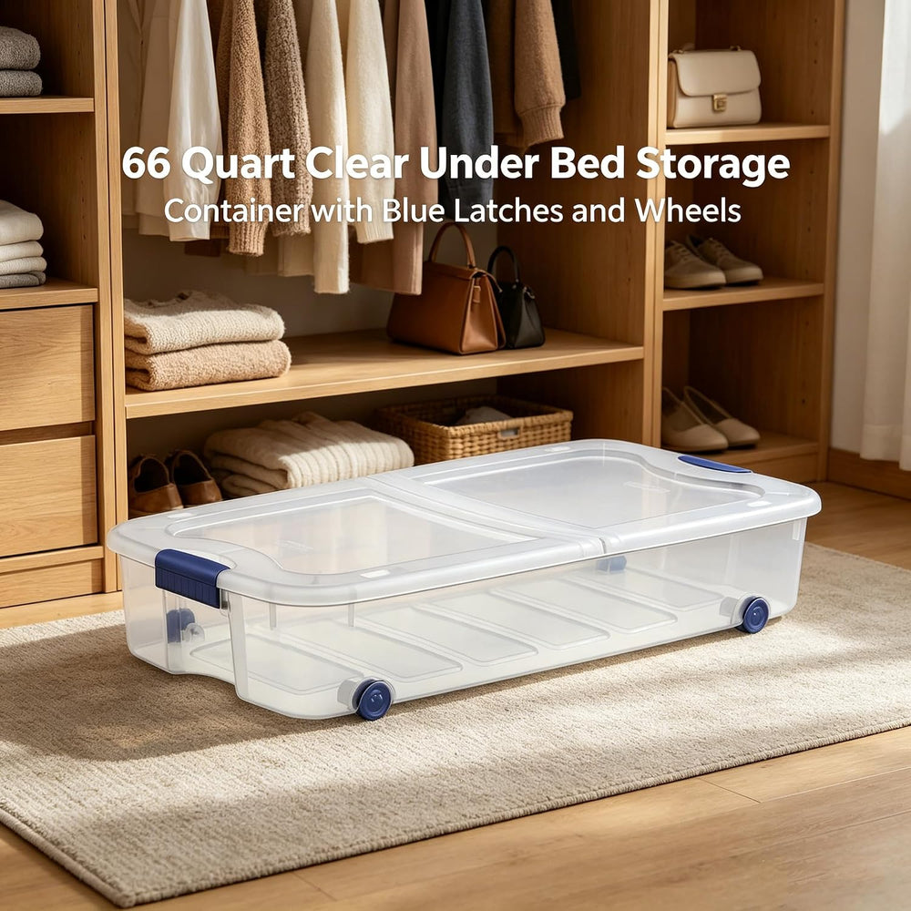 66 Quart Clear Plastic Underbed Storage Bin with Latching Lid and Wheels, Sta...