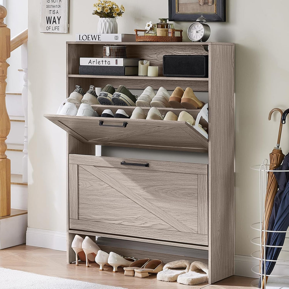 RWYHG Shoe Cabinet with 2 Flip Drawers, Narrow Entryway Organizer,Grey
