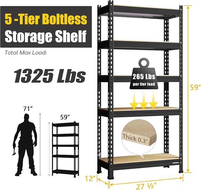 PrimeZone Storage Shelves 5 Tier Adjustable Garage Storage Shelving, Heavy Duty