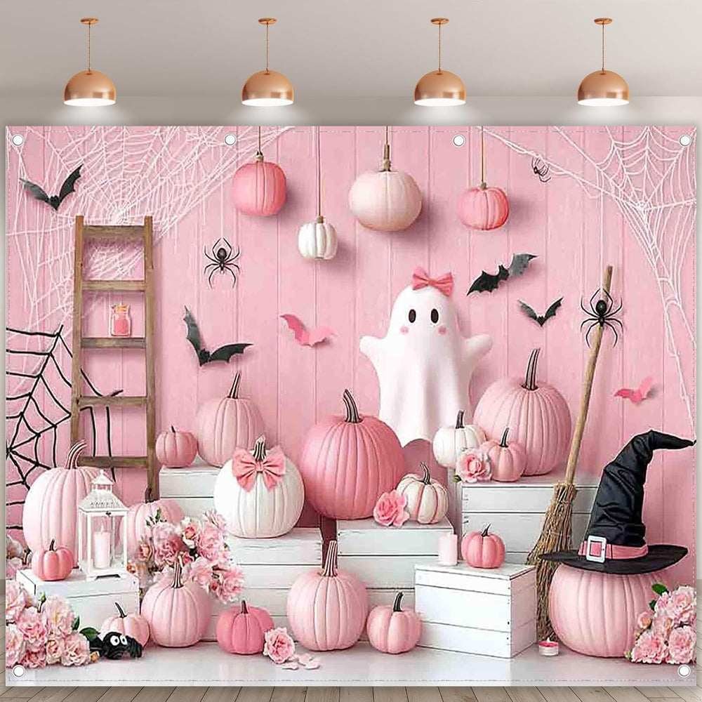 10x8ft Pink Halloween Photography Backdrop Cute Ghost Boo Banner