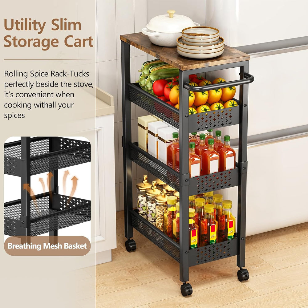 Slim Storage Cart with Wheels, 4 Tier Narrow Organizer, Metal Frame