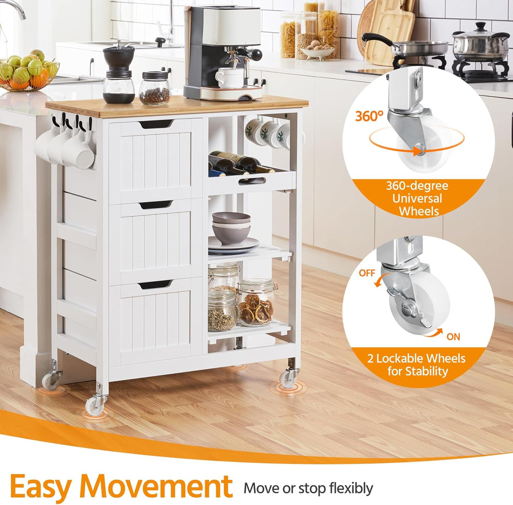 Yaheetech Kitchen Island Cart on Wheels with 3 Drawers and 3 Shelves, White