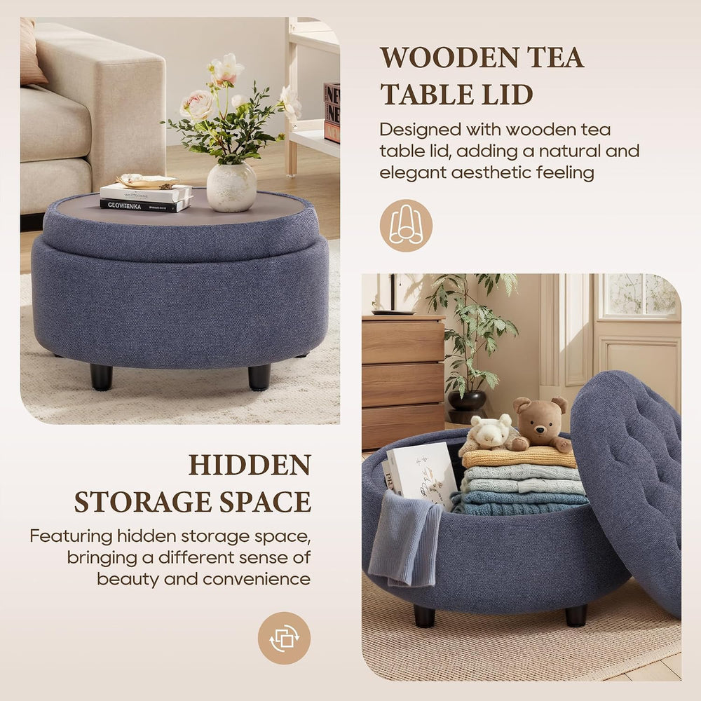COLAMY Fabric Round Storage Ottoman with Reversible Tray Lid – Multi-Function...