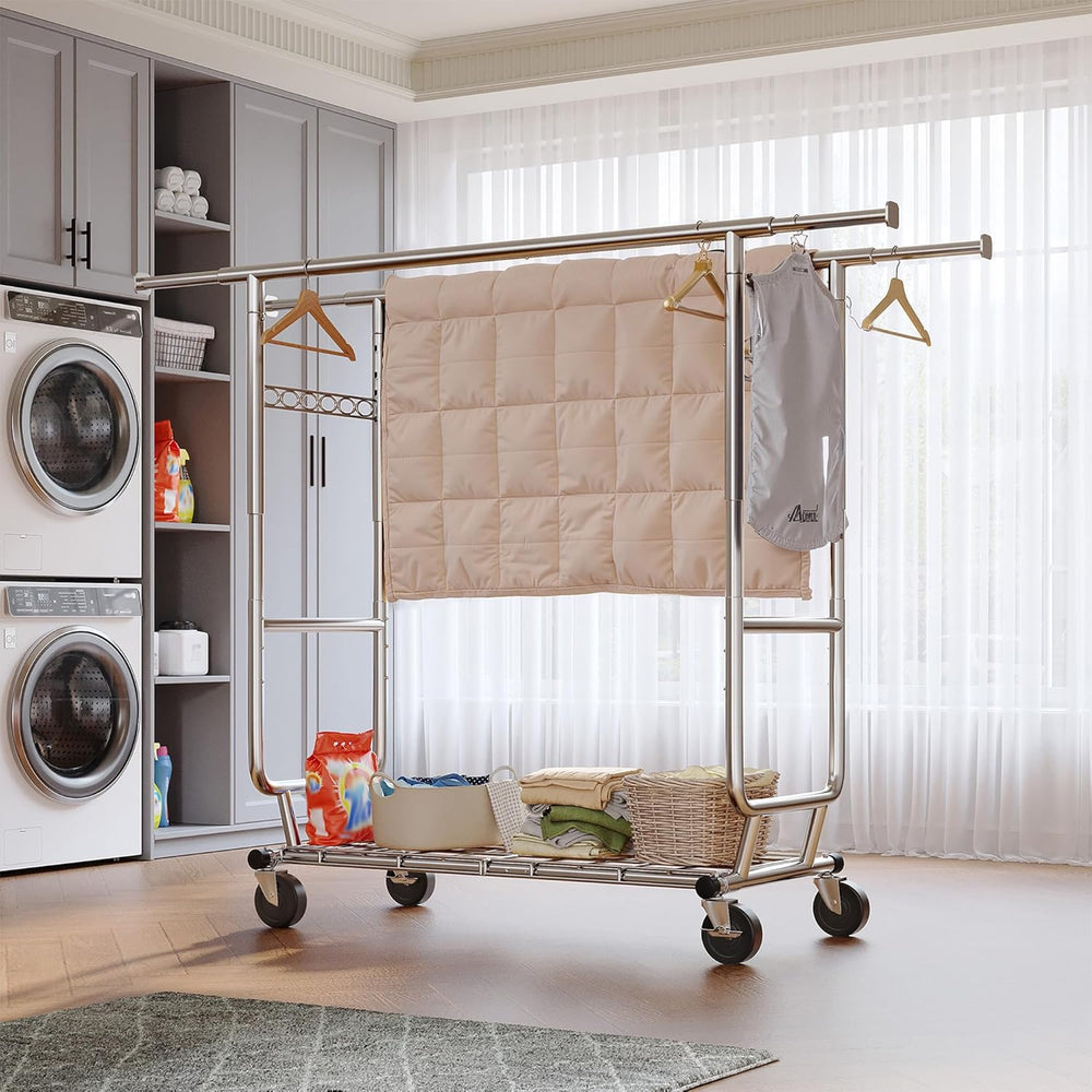 Raybee Heavy Duty Clothes Rack 650LBS Double Rods with Shelf Collapsible