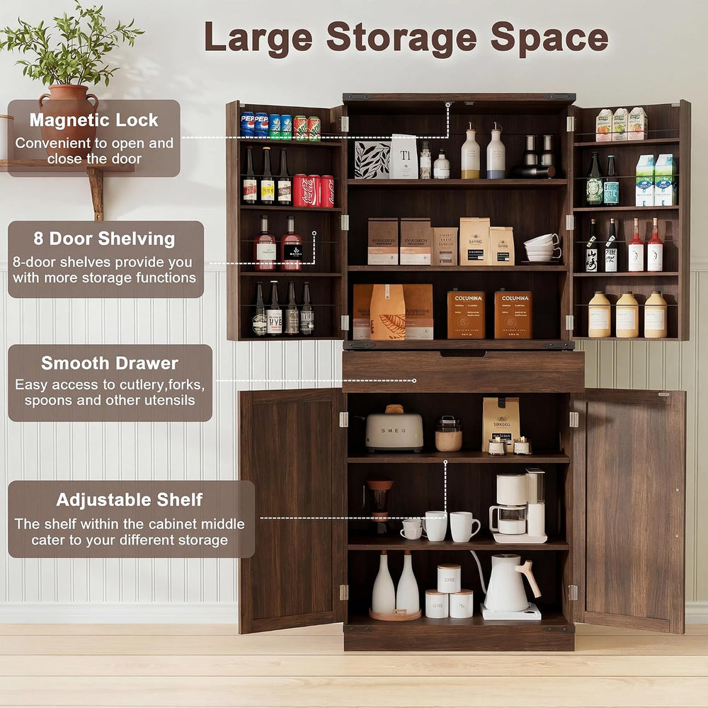 72" Kitchen Pantry Storage Cabinet with Doors and Shelves, Wood Farmhous...