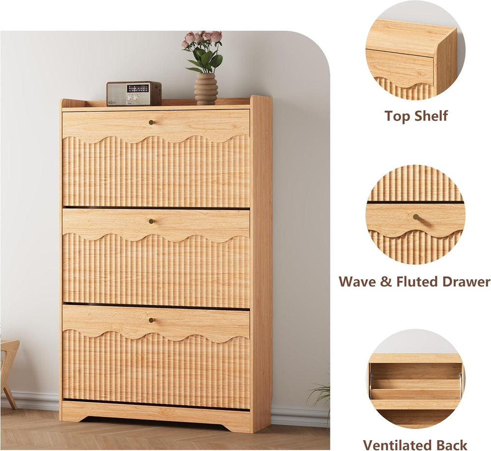 HUANLEGO Shoe Cabinet Storage for Entryway with 3 Flip Drawers, Oak