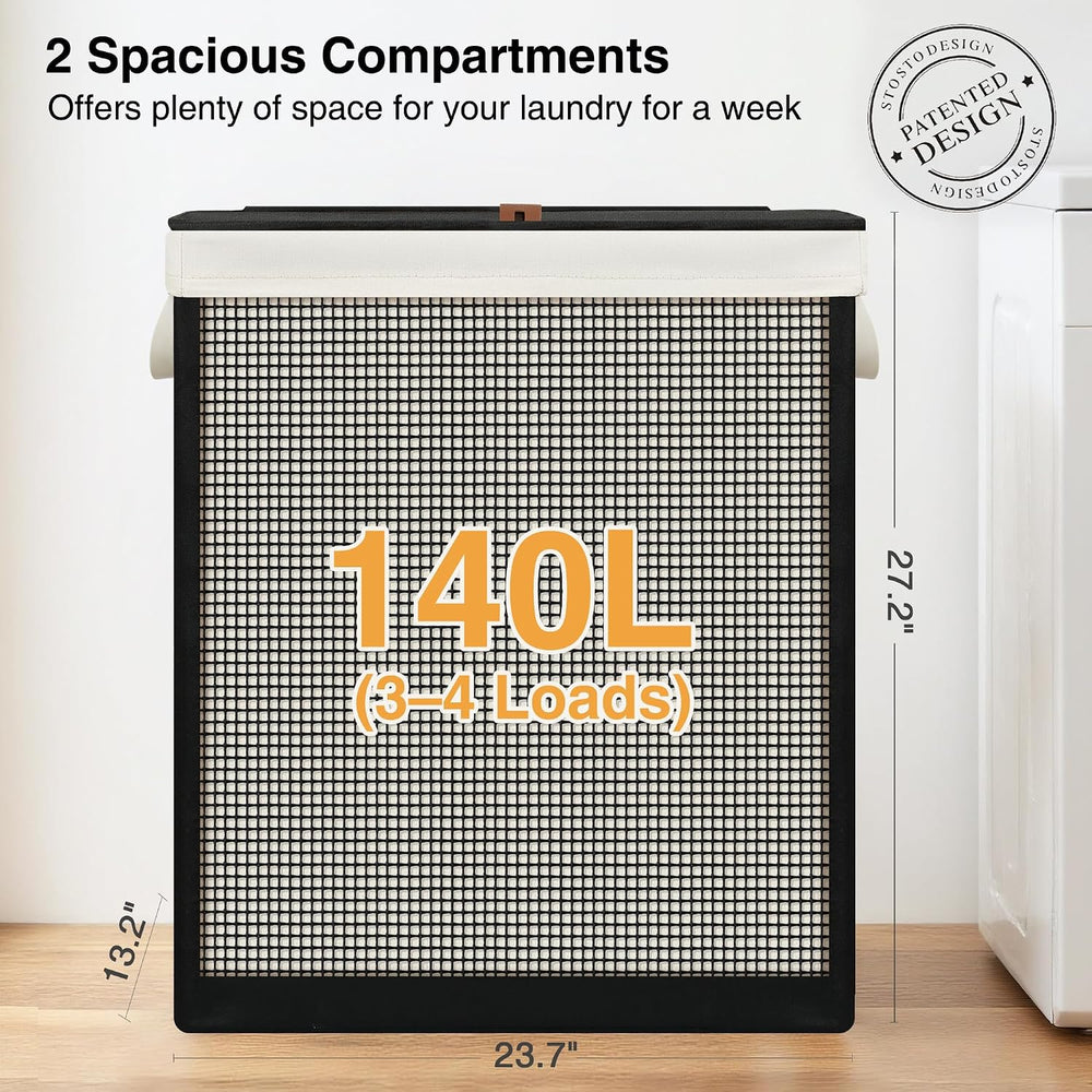 2 Section Laundry Hamper with Lid, 140L Steel-Frame Double Laundry Hamper wit...