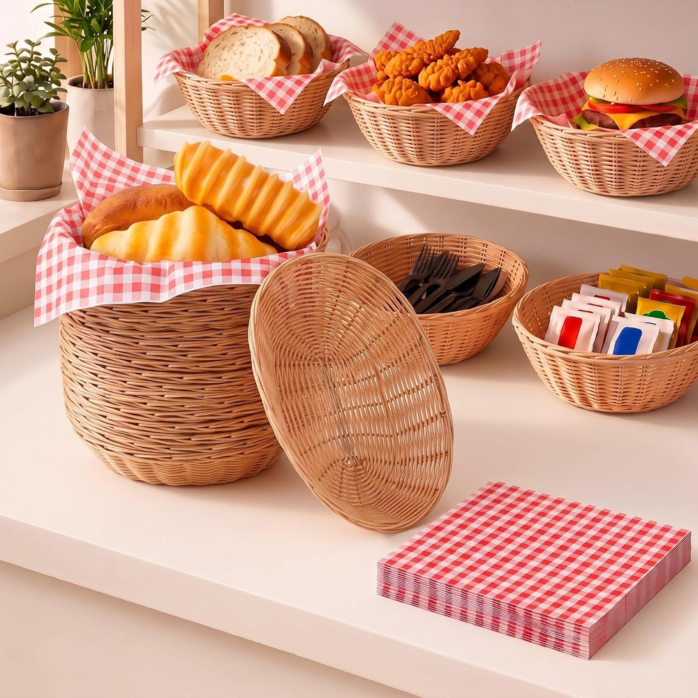12 Pack Oval Wicker Bread Baskets with 100 Paper Liners, 9 x 5.9 x 2.4 in