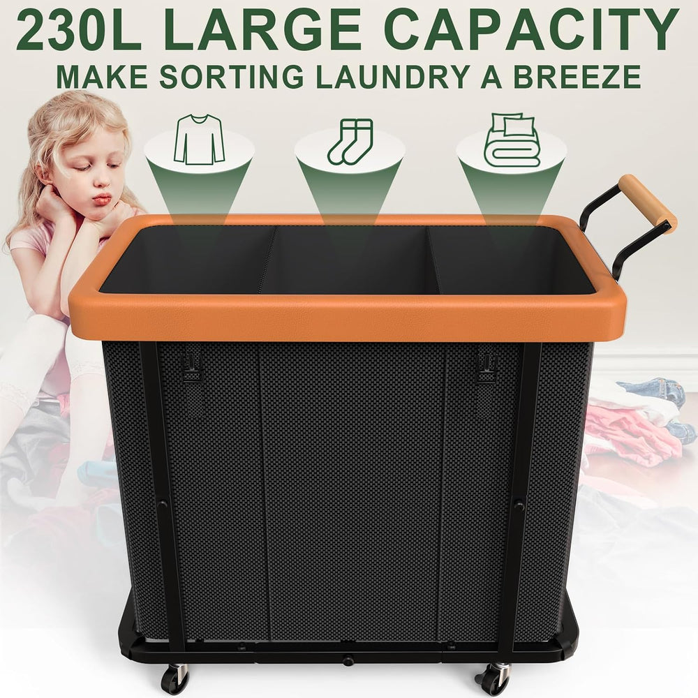 Laundry Hamper 3 Section with Lid,230L Rolling Dirty Clothes Hamper Black