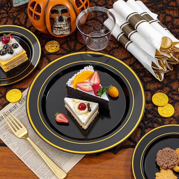 175PCS Black and Gold Plates - Black Disposable Plates for Party - 25Guests D...
