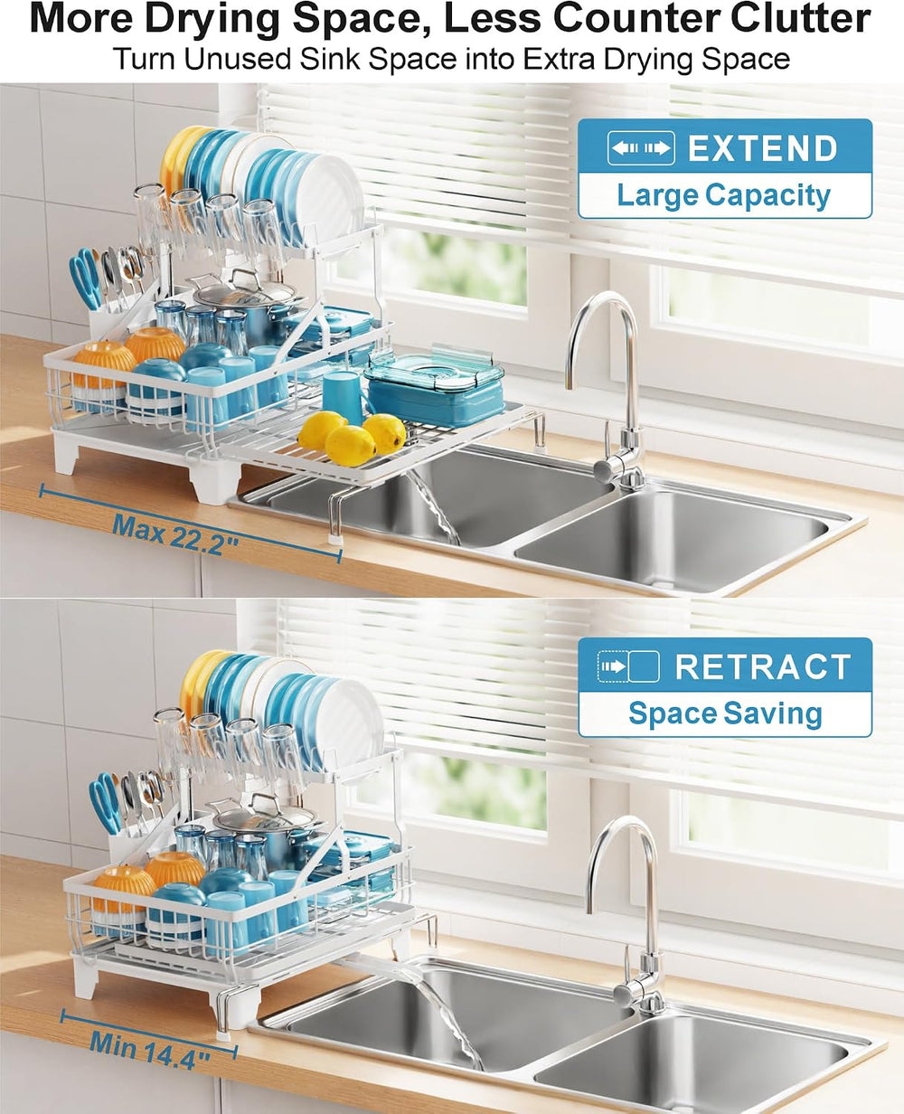 GSlife Large Expandable 2 Tier Dish Drying Rack - Over Sink & Counter Use